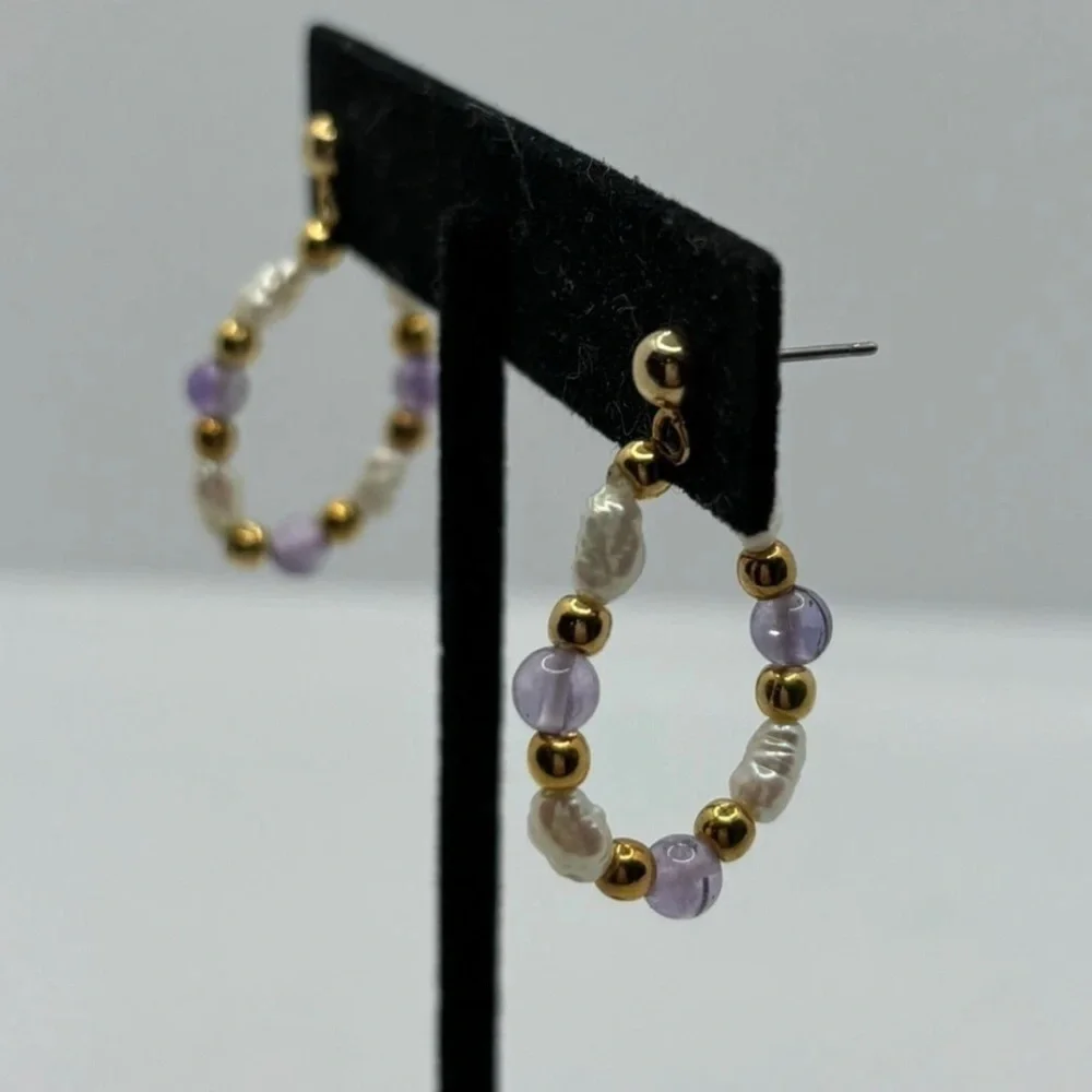 Boho Chic Gold Hoop Earrings with Amethyst & Pearls - Picture 3 of 7